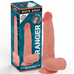 Emballage Rock Army Ranger en silicone liquide presentant le gode realiste chair avec gland et bourse, systeme peau coulissante multiposition, design dildo realiste haut detail.