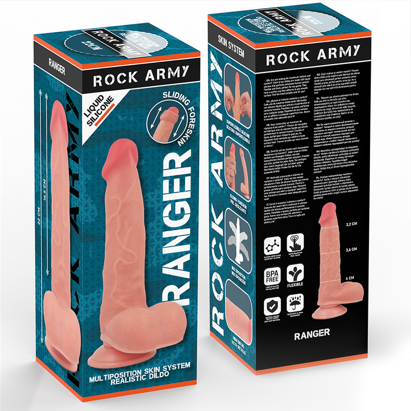 Boites avant et arriere Rock Army Ranger encadrant le gode realiste chair, gland et bourse moules, systeme peau coulissante multiposition decrit sur l emballage du dildo.