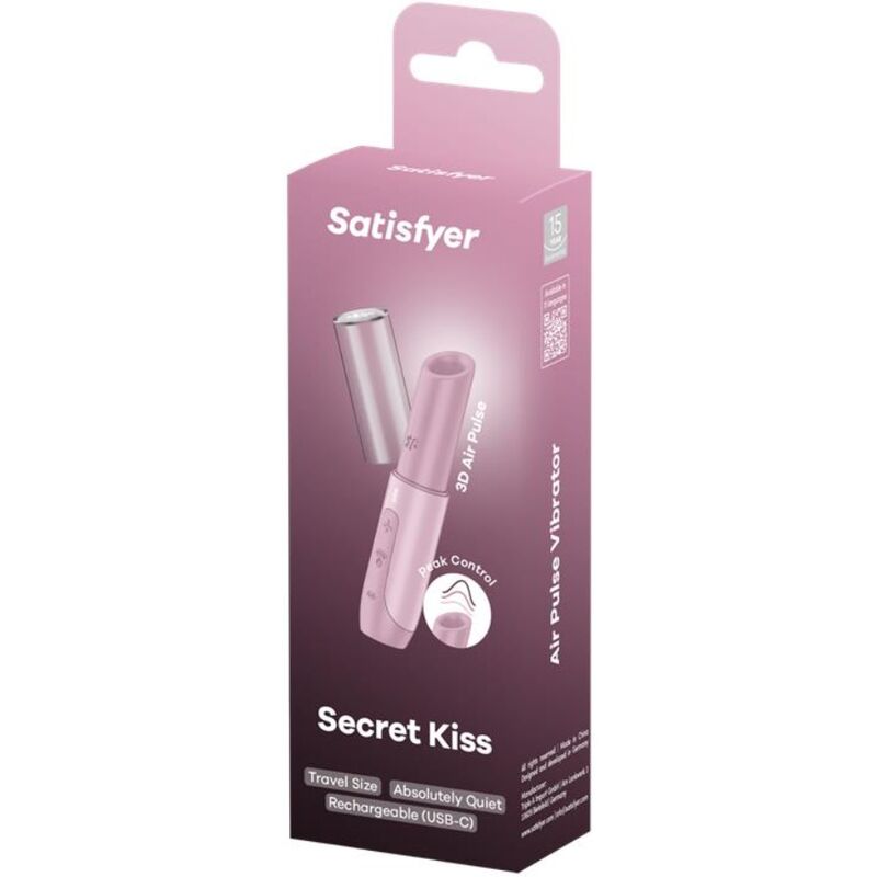 Boite Satisfyer Secret Kiss rose, packaging Air Pulse Vibrator format voyage avec visuel du stimulateur stylo, mentions Travel Size et Rechargeable.