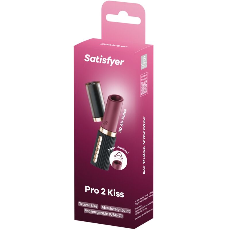 Boite Satisfyer Pro 2 Kiss rouge, packaging Air Pulse Vibrator avec visuel du stimulateur facon rouge a levres, mentions Travel Size et Rechargeable.