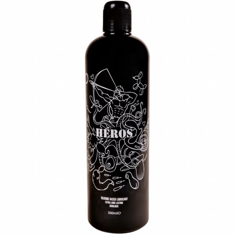 Bouteille noire Heros lubrifiant silicone 500 ml de trois quarts, etiquette blanche silicone based lubricant, texture fluide inodore et sans graisse.
