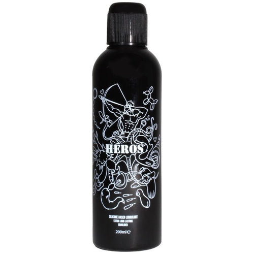 Flacon noir Heros de lubrifiant a base de silicone vu de face, 200 ml, glisse durable sans seche ni colle, motif blanc et logo Heros sur la bouteille.