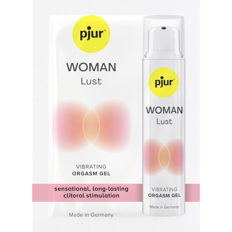 Sachet et flacon Pjur Woman Lust, gel orgasme vibrant pour stimulation clitoridienne sensationnelle longue duree, base eau picotante, application externe feminine.