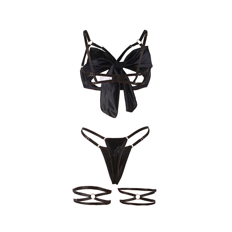 Vue a plat de l'ensemble Subblime noeud satin : soutien-gorge ouvert, string et boucles de cuisse disposes, tissu polyester elasthanne, fond blanc.