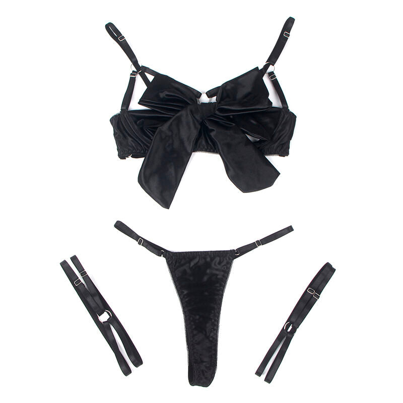 Ensemble lingerie noir Subblime à plat : soutien-gorge à bonnets ouverts orné d'un nœud, string et bandes de jarretelles réglables en polyester élasthanne.