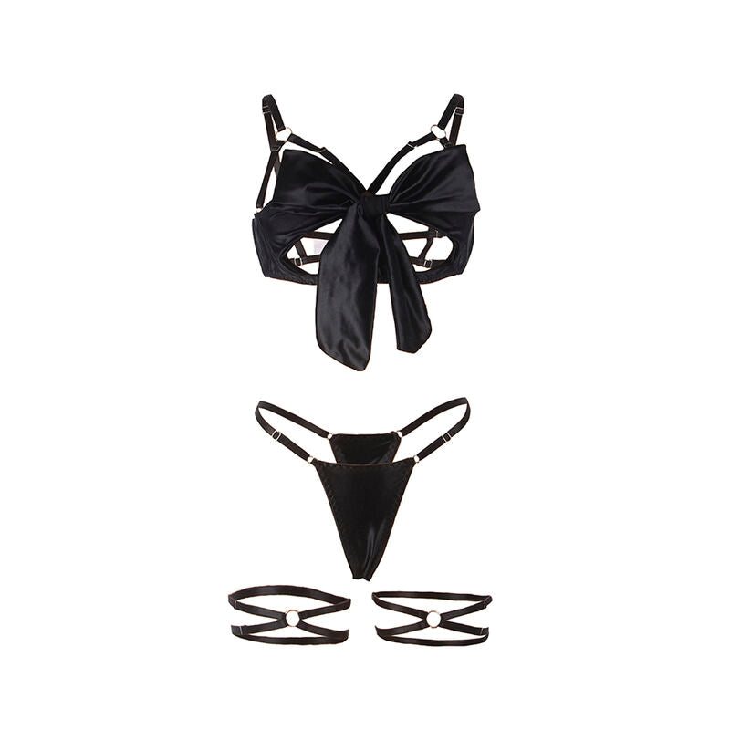 Vue à plat du soutien-gorge ouvert noir au nœud décoratif, avec string et clips de jarretelles détachés, ensemble 2 pièces Subblime en polyester élasthanne souple.