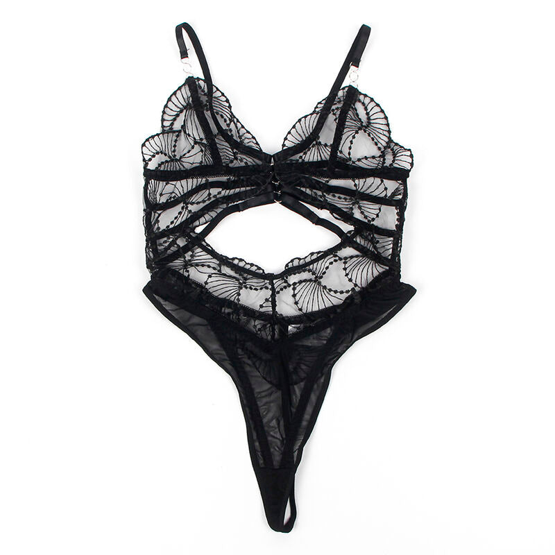 Body en dentelle noire ajouree Subblime vu a plat de dos, brides croisees, dos echancre et finition dentelle florale sur fond blanc.