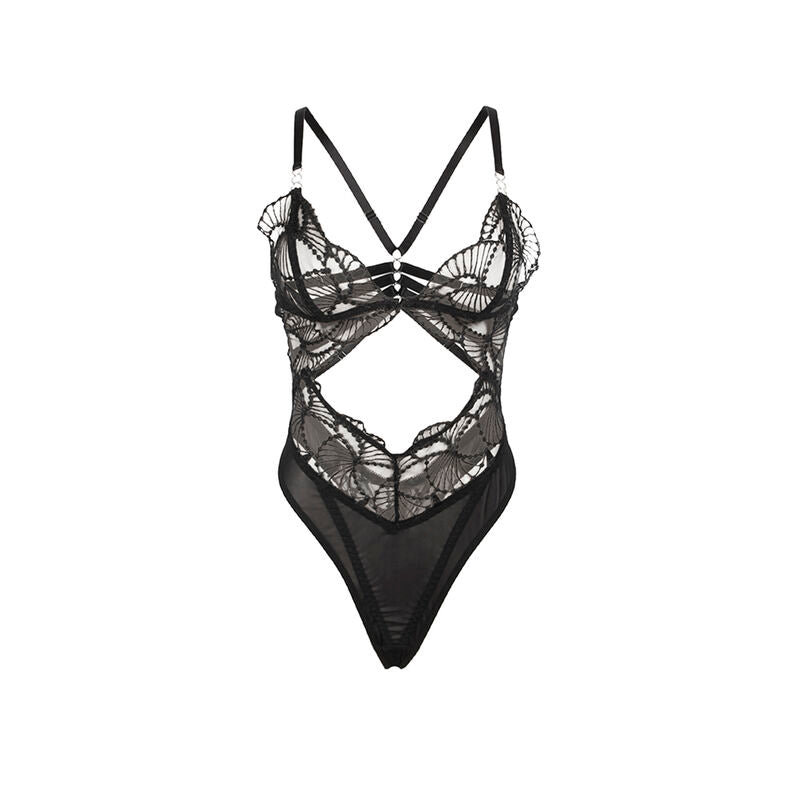 Body en dentelle noire ajouree Subblime presente a plat de face, bonnets a brides, decoupe taille et fond mesh transparent sur fond blanc.