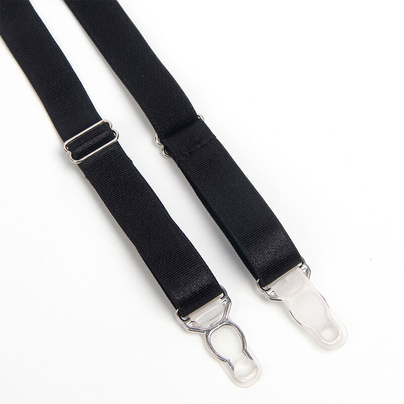 Detail des sangles elastiques noires et pinces jarretelle du porte-jarretelles Subblime, boucles reglables, accessoire lingerie vue produit a plat.