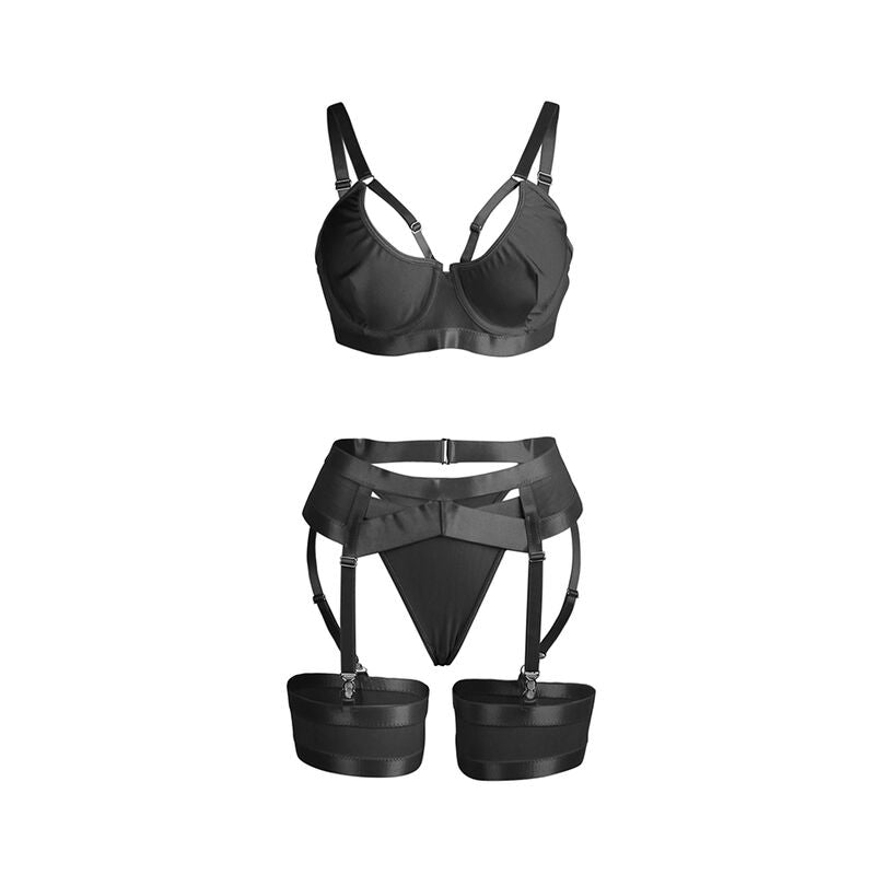 Ensemble bondage soutien-gorge et jarretelles noir — vue de dos