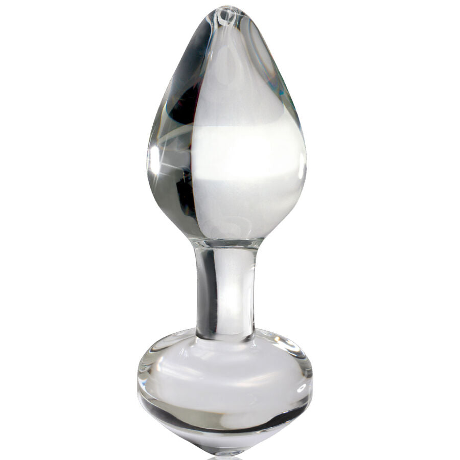 Plug anal en verre transparent a pointe effilee et base anneau, col etroit qui aide au maintien, surface non poreuse pour jeux de temperature chaud-froid.
