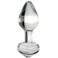 Plug anal en verre transparent a pointe effilee et base anneau, col etroit qui aide au maintien, surface non poreuse pour jeux de temperature chaud-froid.