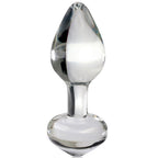 Plug anal en verre transparent a pointe effilee et base anneau, col etroit qui aide au maintien, surface non poreuse pour jeux de temperature chaud-froid.