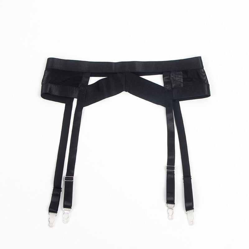 Porte-jarretelles noir Subblime pose a plat, ceinture echancree et sangles pendantes a pinces metal, accessoire lingerie taille unique vue produit.