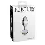 Boite Icicles hand blown glass massager, plug anal en verre transparent a base anneau, visuel produit sobre pour decouvrir le verre et les jeux de temperature.