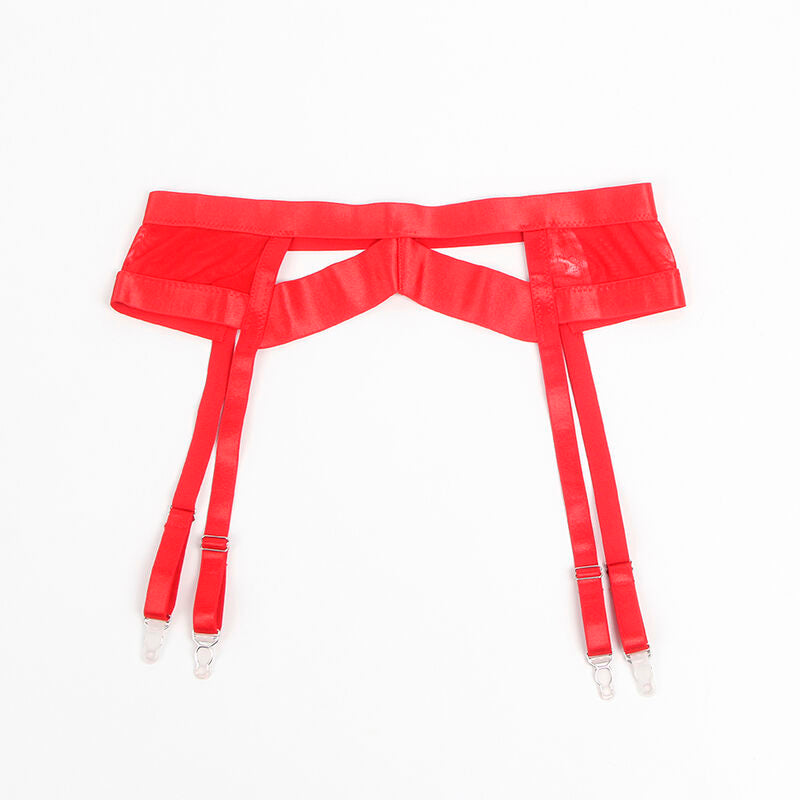 Porte-jarretelles rouge Subblime a sangles et clips presente a plat, detoure sur fond blanc, detail des attaches reglables.