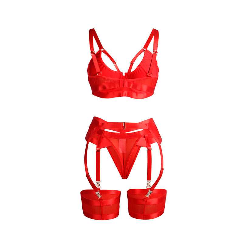 Ensemble lingerie rouge Subblime presente a plat de face, soutien-gorge et porte-jarretelles a sangles, vue produit detouree sur blanc.