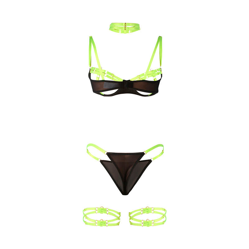 Disposition a plat de l'ensemble sangles vert fluo Subblime, soutien-gorge demi-bonnet, collier, string et jarretieres elastiques sur fond blanc.