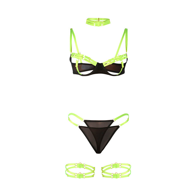 Ensemble lingerie a sangles vert fluo Subblime presente a plat : soutien-gorge a brides, string mesh noir et jarretieres de cuisse coordonnees.