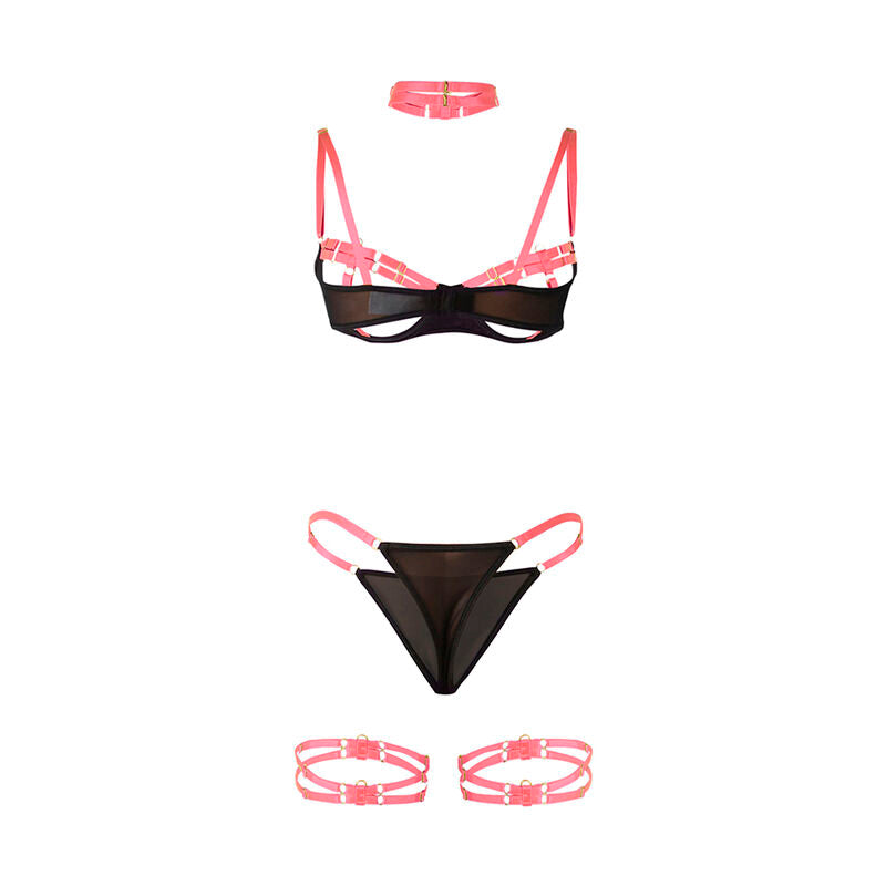 Ensemble sangles roses Subblime vu a plat sur fond blanc, soutien-gorge demi-bonnet noir, string et paire de jarretieres elastiques coordonnees.