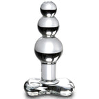Plug anal en verre transparent courbe a ampoules etagees et base coeur, col etroit pour le maintien, pense pour stimuler le point P avec jeux de temperature.