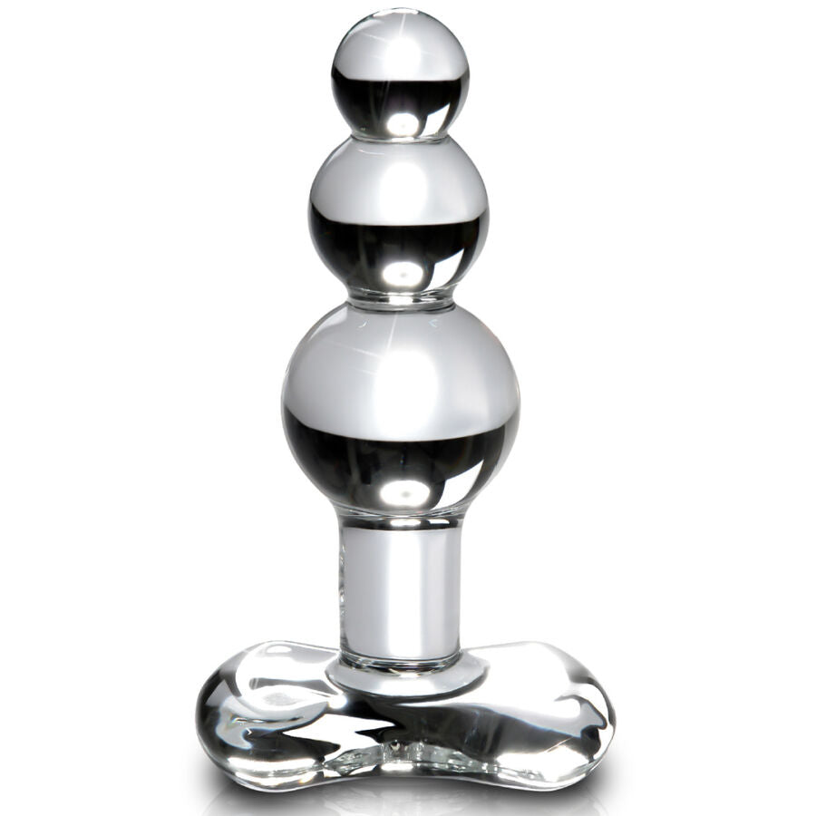 Plug anal en verre transparent courbe a ampoules etagees et base coeur, col etroit pour le maintien, pense pour stimuler le point P avec jeux de temperature.