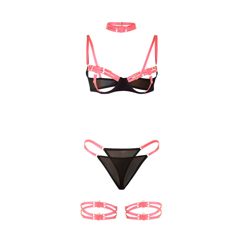 Ensemble lingerie sangles roses Subblime presente a plat : soutien-gorge a brides, string mesh noir et jarretieres de cuisse coordonnees.
