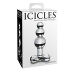 Boite Icicles hand blown glass massager, plug anal en verre courbe a ampoules pour le point P, visuel produit elegant sur fond clair et col etroit de maintien.