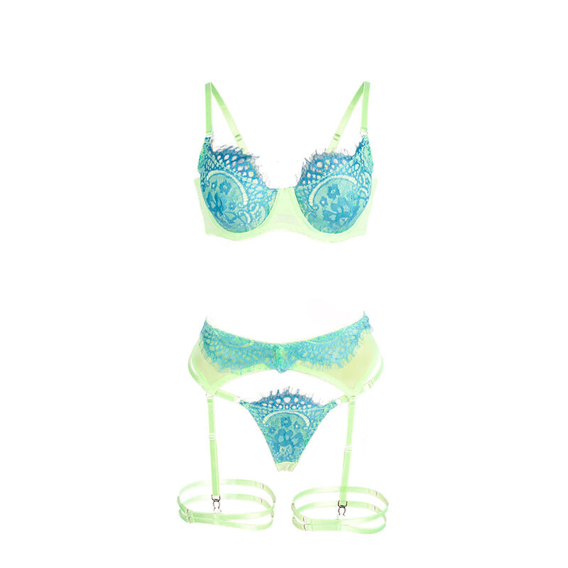 Gros plan sur le soutien-gorge en dentelle bicolore vert et bleu et le porte-jarretelles a anneaux de l'ensemble lingerie fluo Subblime, sur fond blanc.