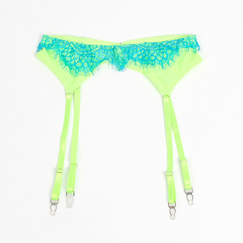 Porte-jarretelles vert fluo a dentelle bleue presente a plat, ceinture, sangles ajustables et pinces metal de l'ensemble lingerie Subblime.