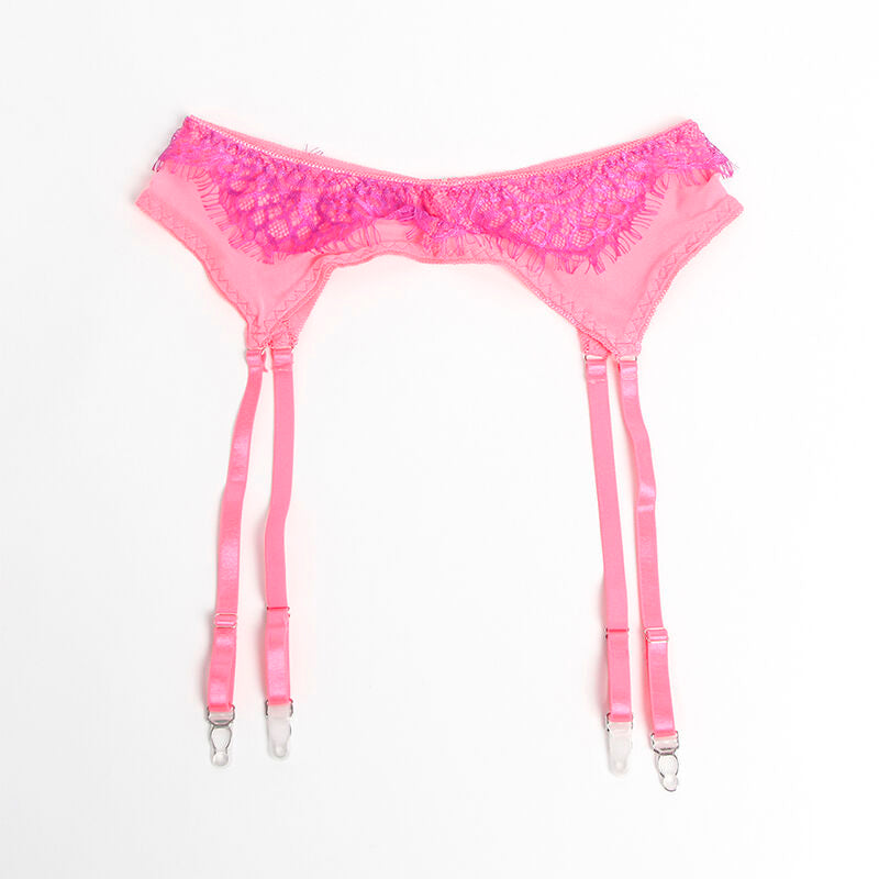 Culotte rose à liens jarretelles de l'ensemble dentelle à cils Subblime présentée à plat, bande de taille en dentelle et sangles à clips métal extensibles.