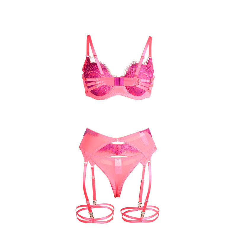 Vue à plat du soutien-gorge et de la culotte roses à liens jarretelles de l'ensemble dentelle à cils Subblime, finition bicolore soyeuse et extensible.
