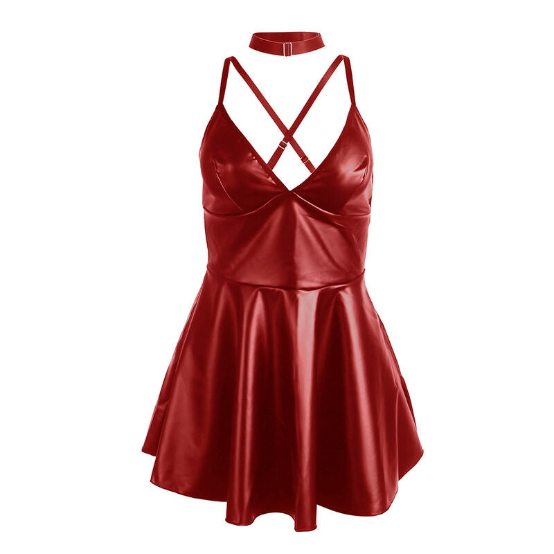 Nuisette rouge Subblime à finition cuir synthétique brillant de face sur buste invisible, bretelles croisées et décolleté en V, jupe évasée fluide sans corps.