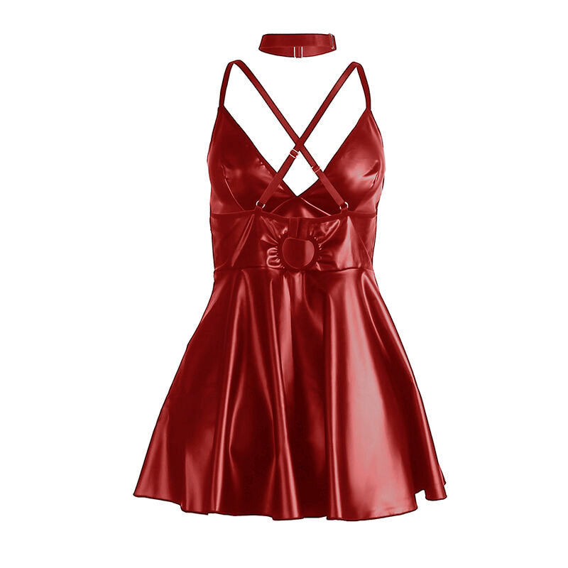 Vue de dos de la nuisette rouge effet similicuir Subblime sur buste invisible, bretelles croisées au dos et jupe patineuse brillante en polyester élasthanne.
