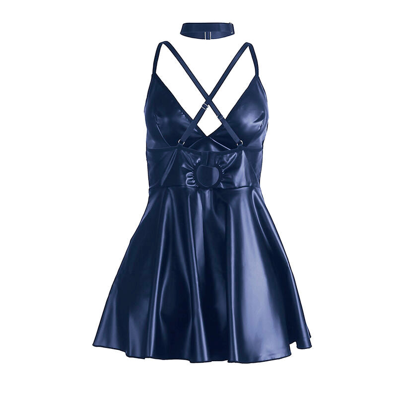 Vue de dos de la nuisette bleue effet similicuir Subblime sur buste invisible, bretelles croisées et découpe au dos, jupe évasée brillante en polyester élasthanne.