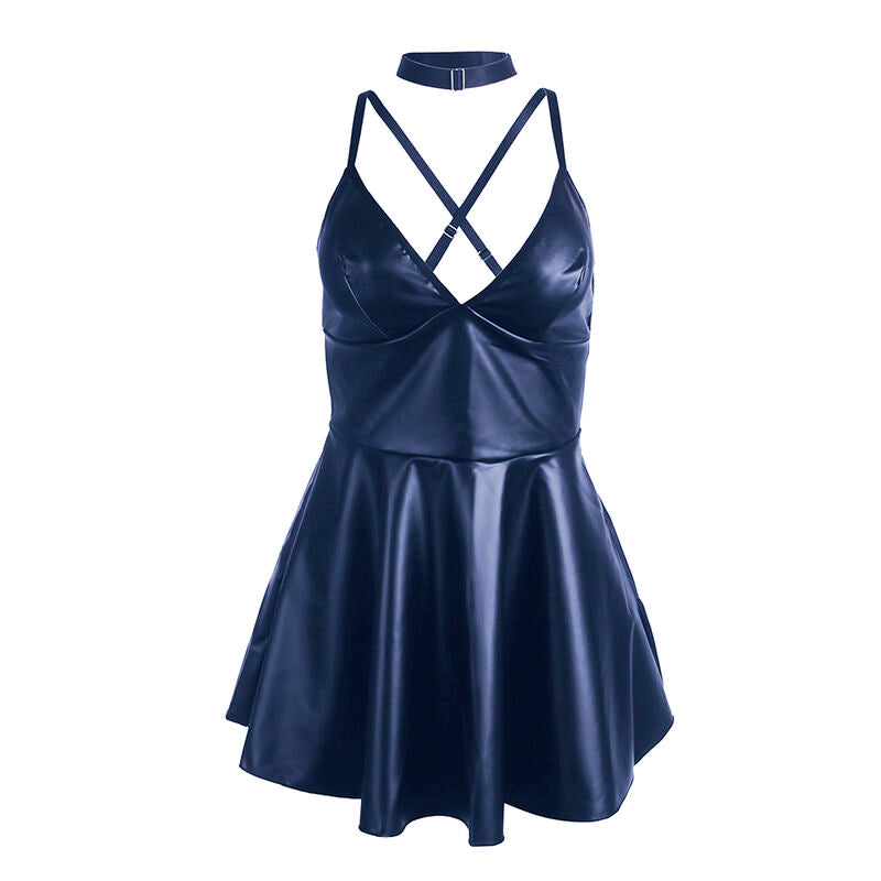 Nuisette bleue Subblime à finition cuir synthétique brillant de face sur buste invisible, bretelles croisées et décolleté en V, jupe évasée fluide sans corps.