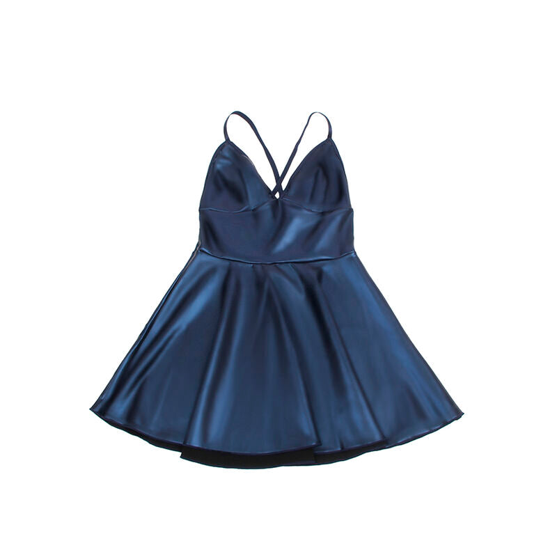 Vue de dos de la nuisette bleue effet similicuir Subblime sur buste invisible, bretelles croisées au dos et jupe patineuse brillante en polyester élasthanne.