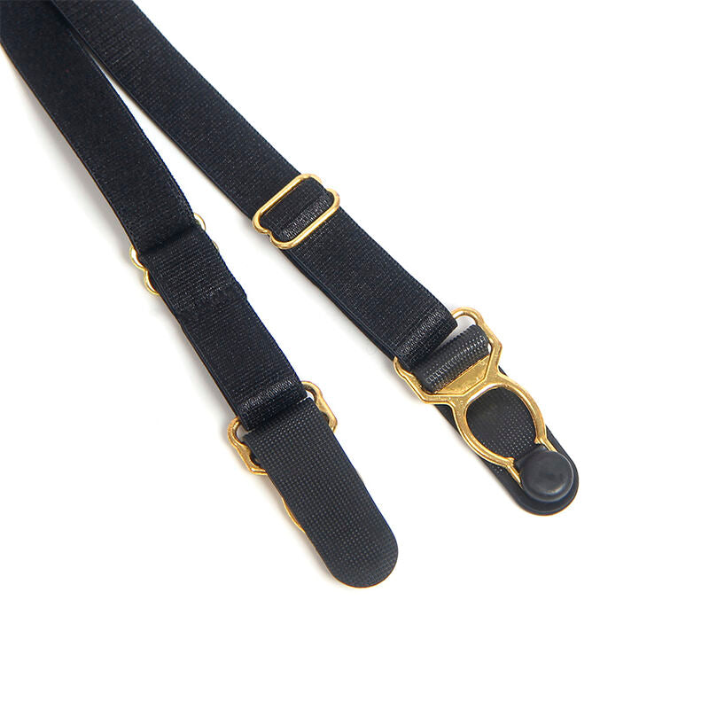 Detail de la jarretelle elastique noire a boucle doree et clip de la nuisette wetlook Subblime, gros plan produit sur fond blanc.