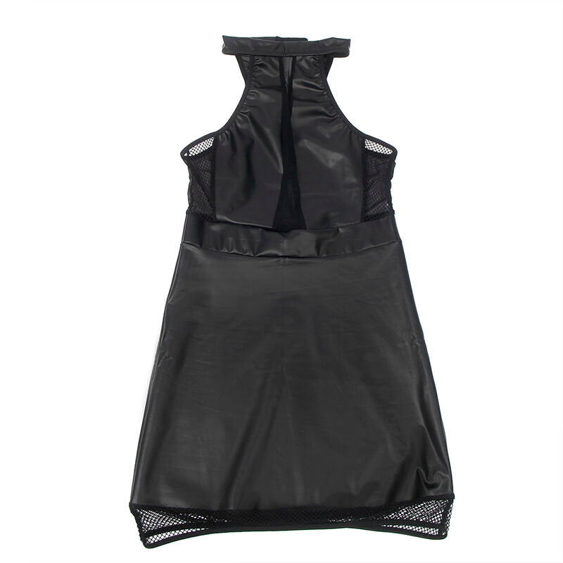 Robe courte Subblime cuir synthetique noir vue de dos a plat, dos maille transparente et col licou, ourlet resille, presentation produit epuree.