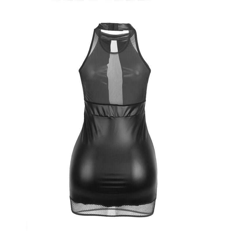 Vue produit a plat de la robe Subblime similicuir noir a bande tulle, col haut et bas en resille, coupe moulante, presentation sans corps.