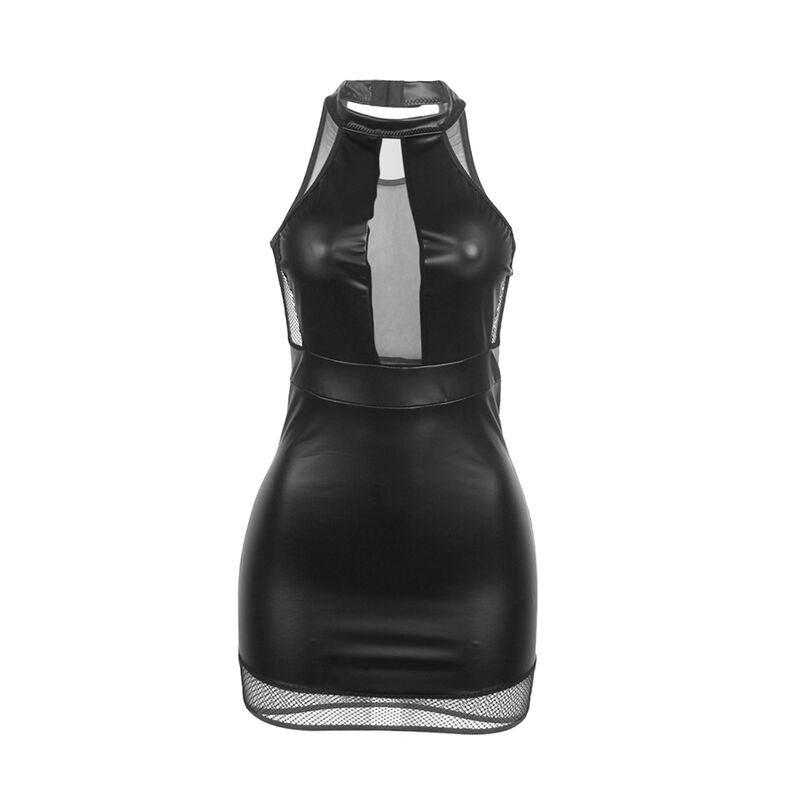 Robe Subblime cuir synthetique noir presentee a plat de face, panneau maille transparente central, col licou et ourlet resille, fond blanc produit.