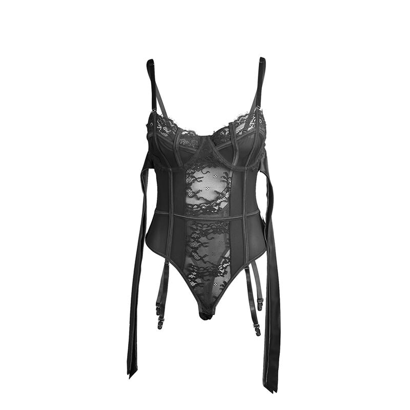 Body en dentelle noire Subblime presente a plat de face, bonnets a armatures, sangles de jarretelles et rubans satin, fond blanc produit.