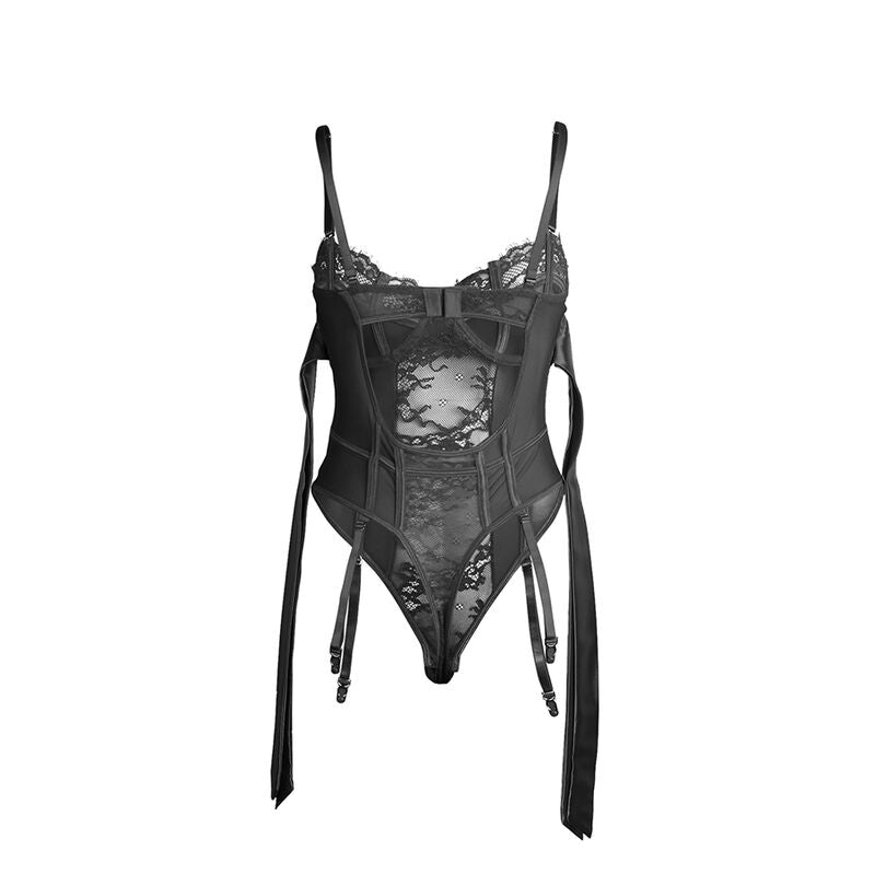 Vue produit a plat du body dentelle noir Subblime, dentelle florale, jarretelles reglables pendantes et noeuds satin, tissu nylon elasthanne.
