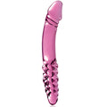 Gode en verre rose double face a tete bulbeuse et relief tourbillonne nervure, surface lisse non poreuse courbee pour cibler le point G ou le point P en douceur.