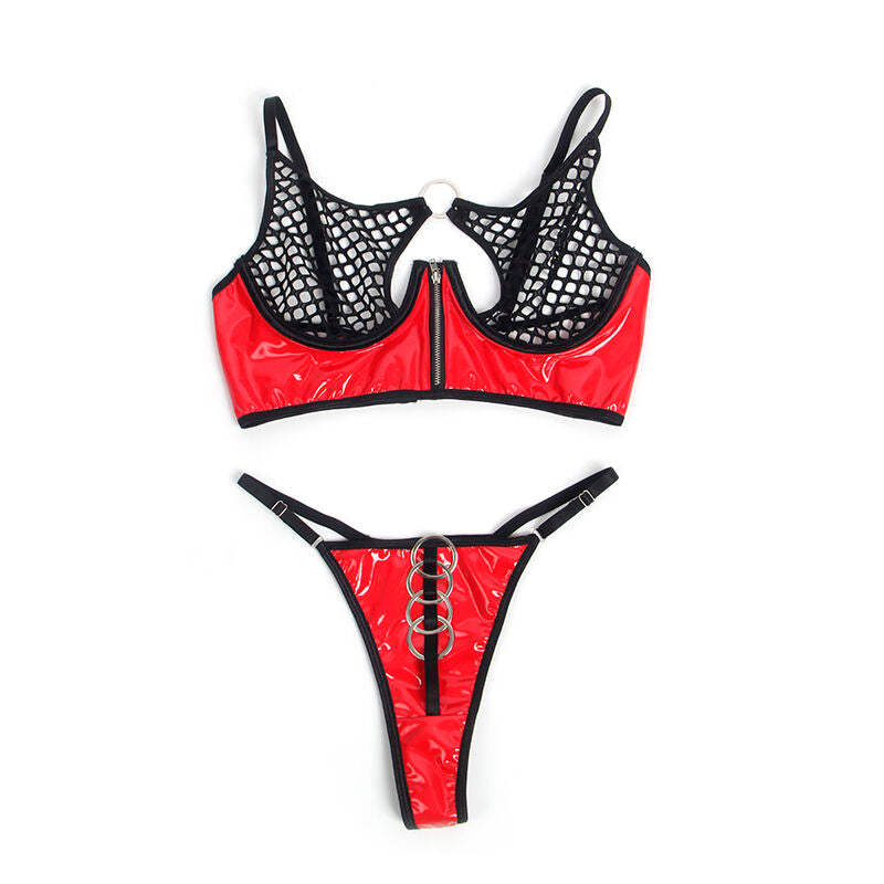 Ensemble resille noir et rouge Subblime a plat : soutien-gorge maille et string a triple anneau, detail de coupe sur fond blanc.