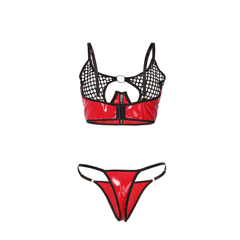 Ensemble simili cuir rouge à fermeture éclair et maille — détail texture surface
