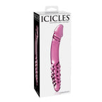 Boite Icicles hand blown glass massager, gode en verre rose double face nervure et bulbeux, visuel produit raffine pour le point G et les jeux de temperature.