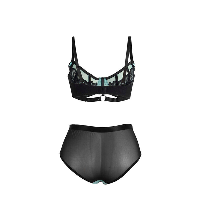 Soutien-gorge dentelle turquoise et culotte resille noire Subblime presentes a plat, vue dos, parure deux pieces structuree aux finitions contrastees.
