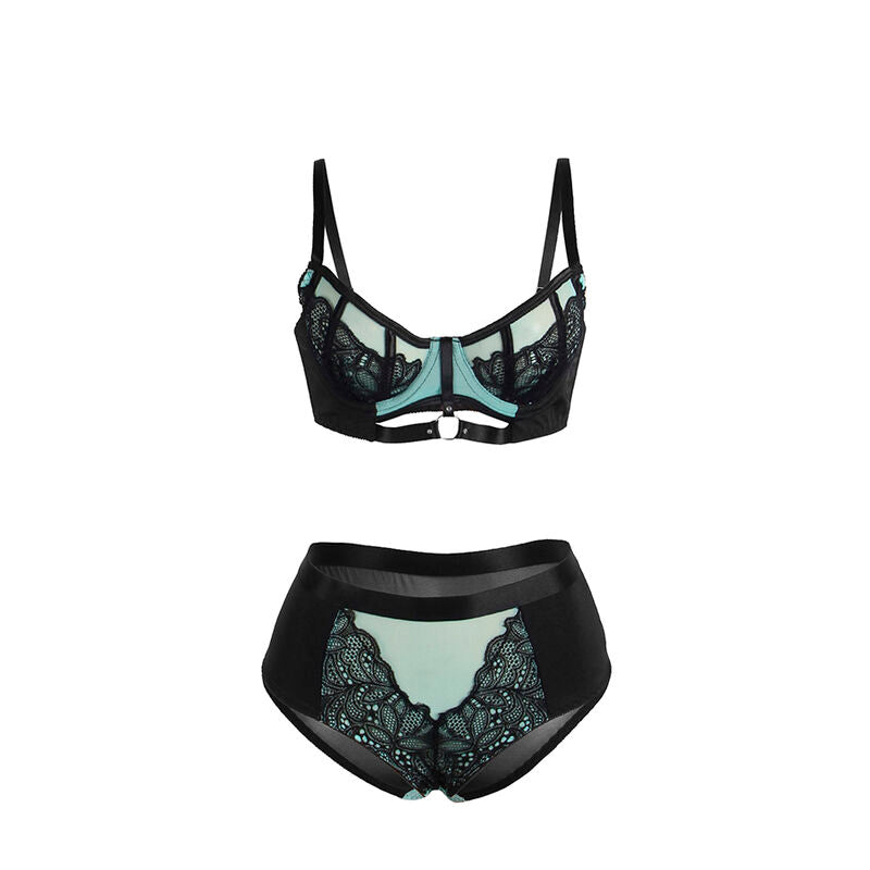 Ensemble Subblime a plat, soutien-gorge dentelle vert d'eau a armatures et culotte resille noire, parure deux pieces structuree presentee sur fond blanc.