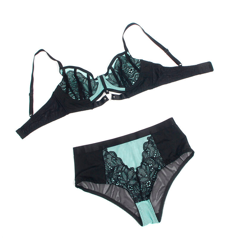 Ensemble lingerie Subblime a plat, soutien-gorge dentelle vert d'eau a armatures et culotte taille haute resille, parure deux pieces structuree sur fond blanc.